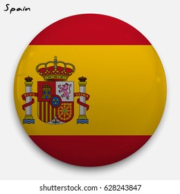 Round glossy Button with flag of Spain with the reflection of light and shadow realistic. Icon of country.