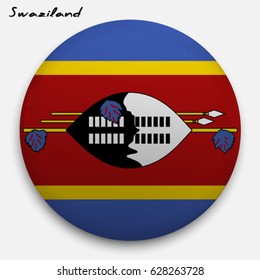Round glossy Button with flag of Swaziland with the reflection of light and shadow realistic. Icon of country.