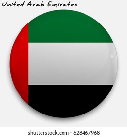 Round glossy Button with flag of United Arab Emirates with the reflection of light and shadow realistic. Icon of country.