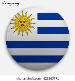 Round glossy Button with flag of Uruguay with the reflection of light and shadow realistic. Icon of country.