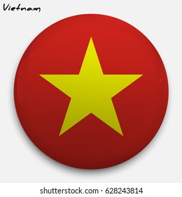 Round glossy Button with flag of Vietnam with the reflection of light and shadow realistic. Icon of country.
