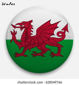 Round glossy Button with flag of Wales with the reflection of light and shadow realistic. Icon of country.