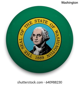 Round glossy Button with flag of Washington, state of the USA, with the reflection of light and shadow realistic.