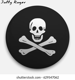 Round glossy Button with Jolly Roger with the reflection of light and shadow realistic.