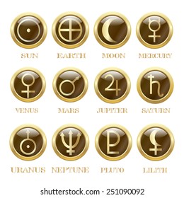 Round  glossy round button. Planets simbols. Vector illustration.  