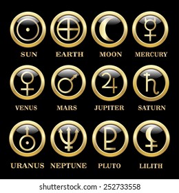 Round  glossy round button. Planets symbols. Vector illustration.  