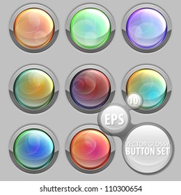 Round glossy button set eps10 vector in eight material texture variation