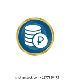 round glossy button and white ruble icon inside.
