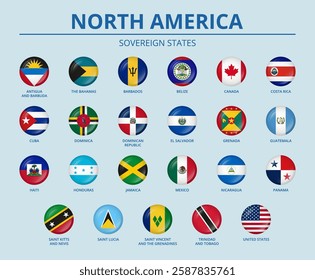 Round glossy buttons with flags of North America countries.