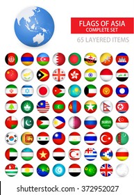 Round Glossy Flags of Asia Complete Set. Flag set in alphabetical order.All elements are separated in editable layers clearly labeled.