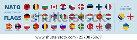 Round glossy flags of NATO members and aspirations countries.