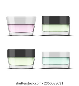 Jar cosmético de vidrio brillante redondo. Paquete de maquillaje del producto. Vector EPS10