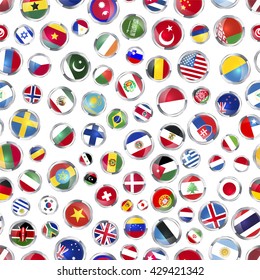 Round glossy icons of flags of world sovereign states on white, seamless pattern