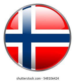 Round glossy isolated vector icon with national flag of Norway on white background.