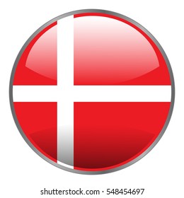 Round glossy isolated vector icon with national flag of Denmark on white background.