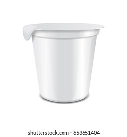 Round glossy plastic pot with foil cover for sour cream, yogurt, jam, dessert. Vector realistic packaging mockup template. 250ml for your design