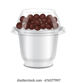 Round glossy plastic pot for sour cream, yogurt, jam, dessert. With topper with chocolate crunchies. Realistic packaging mockup template for your design