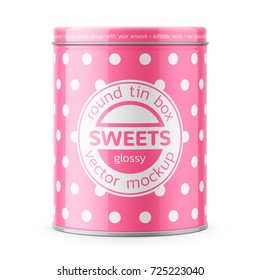 Round glossy tin can with lid. Container for dry products - tea, coffee, sugar, cereals, candy, spice. Realistic packaging vector mockup template with sample design. Front view.
