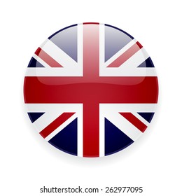 Round glossy vector icon with national flag of the UK on white background