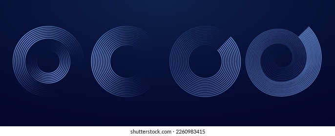 Round glowing blue lines dark background  Set circular geometric stripes in form spiral waves 