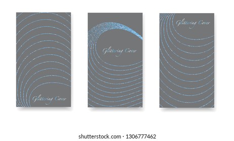 Round glowing confetti, festive tinsel, magic design for polygraphy. Set of blue, gray covers, templates, printing elements, cards. Glittering Vector Texture. Shiny festive silver backgrounds.