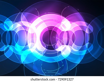 Round glowing elements on dark space, abstract background. Vector illustration