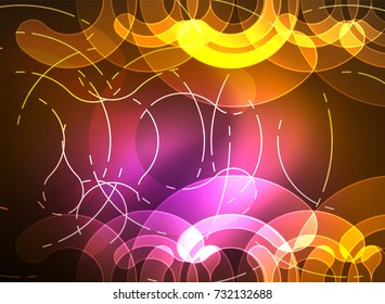 Round glowing elements on dark space, abstract background. Vector illustration
