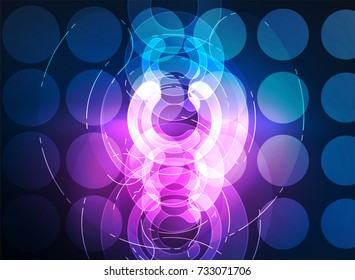 Round glowing elements on dark space, abstract background. Vector illustration