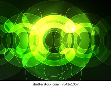 Round glowing elements on dark space, abstract background. Vector illustration