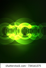 Round glowing elements on dark space, abstract background. Vector illustration