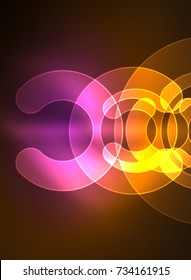 Round glowing elements on dark space, abstract background. Vector illustration