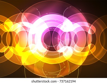 Round glowing elements on dark space, abstract background. Vector illustration
