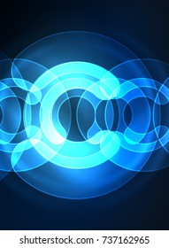 Round glowing elements on dark space, abstract background. Vector illustration