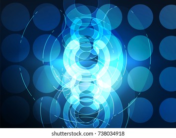 Round glowing elements on dark space, abstract background. Vector illustration