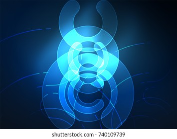 Round glowing elements on dark space, abstract background. Vector illustration