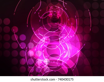 Round glowing elements on dark space, abstract background. Vector illustration