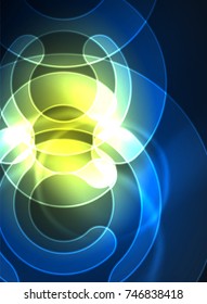 Round glowing elements on dark space, abstract background. Vector illustration