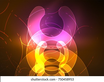 Round glowing elements on dark space, abstract background. Vector illustration