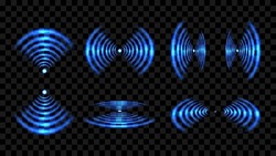 Round glowing light Wi-Fi effect and Sonar sound waves set. WiFi concentric circles and RFID Radio Frequency Identification signal. Water ripples with circular waves and echo of glowing signal. Vector