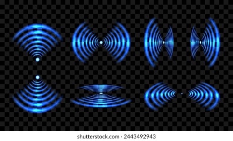 Round glowing light Wi-Fi effect and Sonar sound waves set. WiFi concentric circles and RFID Radio Frequency Identification signal. Water ripples with circular waves and echo of glowing signal. Vector