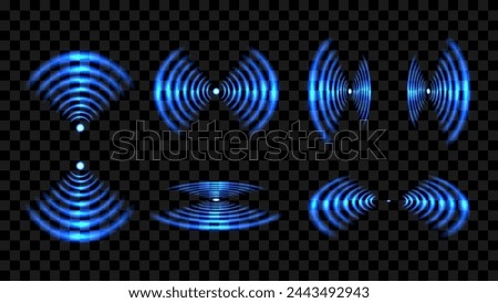 Round glowing light Wi-Fi effect and Sonar sound waves set. WiFi concentric circles and RFID Radio Frequency Identification signal. Water ripples with circular waves and echo of glowing signal. Vector