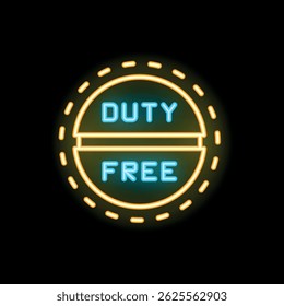 Round glowing neon sign showing duty free sign on dark background