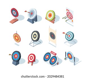 Round goals. Business performance dartboard games successful goals for sport archery and arrows garish vector isometric illustrations