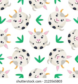 Round goat Seamless pattern. Vector Background with the faces of goat. Template for the packaging, baby textile.