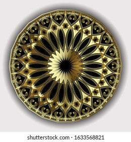 Round gold 3d vector mandala pattern. Surface ornamental luxury ornate background. Floral shiny vintage flower lace ornament with lines, radial abstract shapes. Circle greek key meanders frames.
