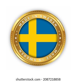 Round Gold Badge Vector Design With Country Flag Of Sweden