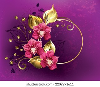 Round, gold banner with pink, artistically drawn orchids with gold and silhouette branches on pink textured background. Pink orchid.