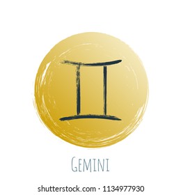 Round gold blue Gemini horoscope icon, circle hand painted zodiac vector sign. Astrological icon isolated. Gemini astrology horoscope symbol clip art in gold and dark blue colors on white background.