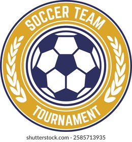 Round gold and blue logo for a soccer team tournament, featuring a soccer ball in the center and two laurel branches on each side, conveying a sense of competition and victory