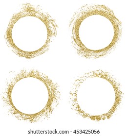 Round gold border frame. Abstract hand sketched shapes, design elements. Gold glitter stamp. Vector Illustration.